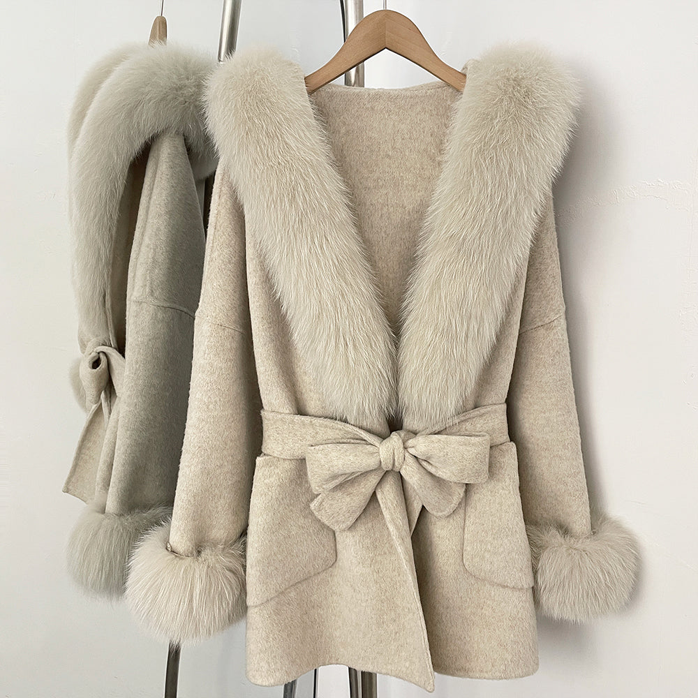 OFTBUY Hooded Big Natural Fur Belt Wool Coat Women New Autumn Winter Real Fox Fur Clothes Female Pocket Luxury Woolen Coat Lady