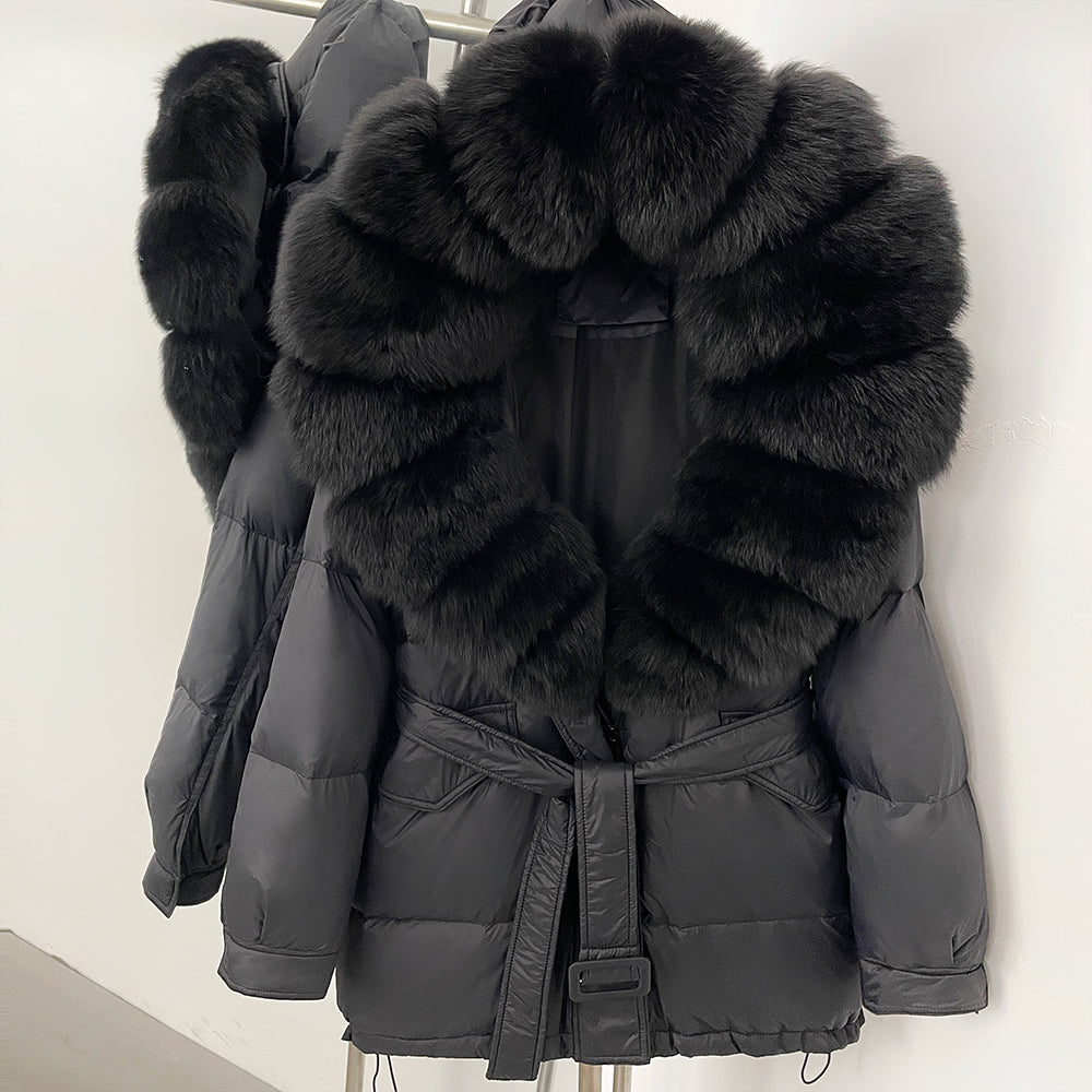 OFTBUY Thick Warm Mid-Long Puffer Coat Real Fox Fur Collar White Duck Down Coat Female Loose Warm Hooded Parkas With Belt