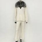 OFTBUY New Women's Knit Two Piece Set with Real Fox Fur Collar Loose Pants Warm Winter Elegant Casual Outfit Sweater Female