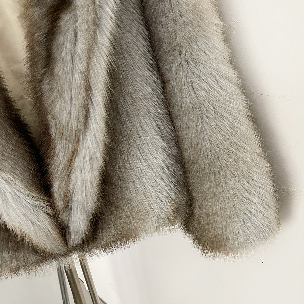 OFTBUY Luxury Hooded Faux Fur Jacket - Premium Vegan Silver Fox Style Cropped Winter Coat