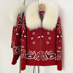 OFTBUY Women's Vintage Real Fox Fur Collar Knit Cardigan Paisley Print Zip Up Sweater Jacket Female Warm Winter Luxury Outerwear