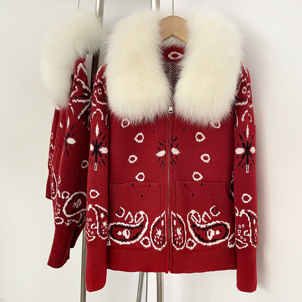 OFTBUY Women's Vintage Real Fox Fur Collar Knit Cardigan Paisley Print Zip Up Sweater Jacket Female Warm Winter Luxury Outerwear