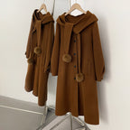 OFTBUY New Women's Hooded Wool Coat with Fur Pom Details Long Single Breasted Winter Warm Elegant Woolen Outerwear Female