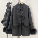 OFTBUY Loose Real Fox Fur 100% Wool Coat with Hat New Autumn Winter Top Clothes Women Natural Fur Cashmere Woolen Jacket Female