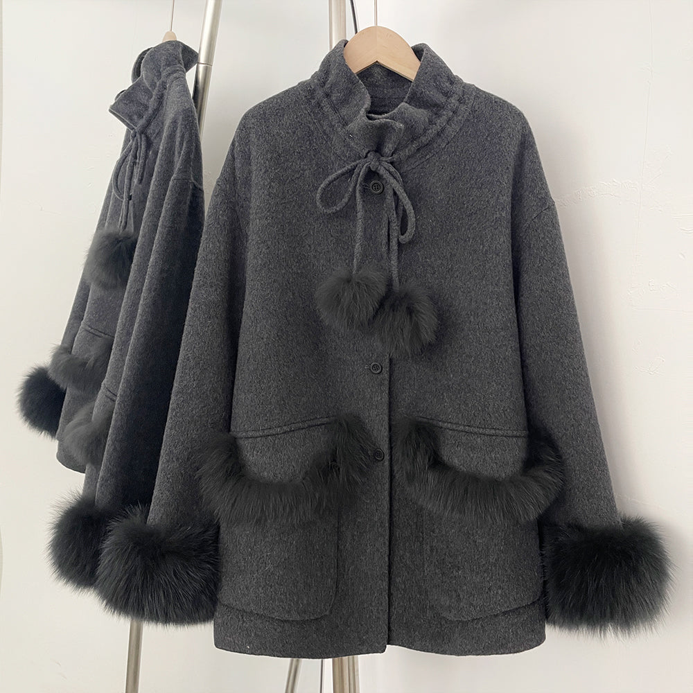 OFTBUY Loose Real Fox Fur 100% Wool Coat with Hat New Autumn Winter Top Clothes Women Natural Fur Cashmere Woolen Jacket Female