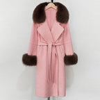 OFTBUY Fashion Warm Wool Coat with Real Fox Fur Collar New Autumn Winter Long Clothing Women Belt Elegant Woolen Jcacket Female