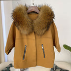OFTBUY Autumn Winter Real Fox Raccoon Fur Collar Coat Knitted Sweater Women Short Sleeve Jacket Thick Warm Outerwear Streetwear