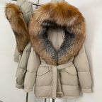OFTBUY Thick Warm Mid-Long Puffer Coat Real Fox Fur Collar White Duck Down Coat Female Loose Warm Hooded Parkas With Belt