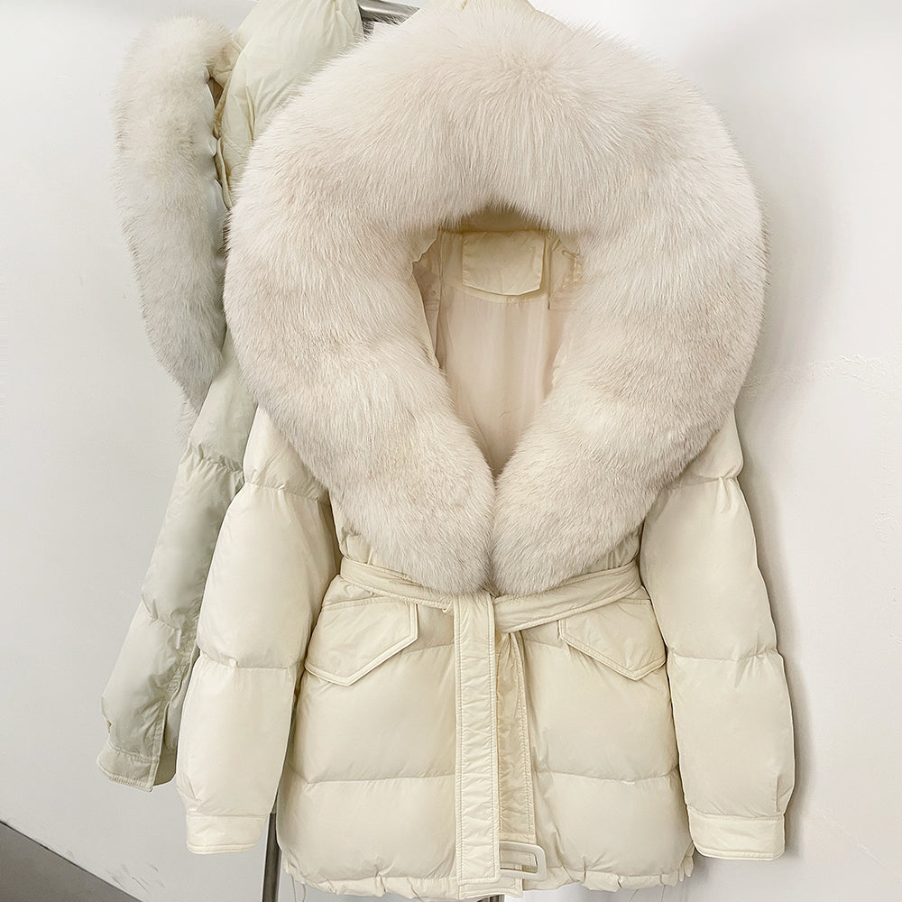 OFTBUY Thick Warm Mid-Long Puffer Coat Real Fox Fur Collar White Duck Down Coat Female Loose Warm Hooded Parkas With Belt