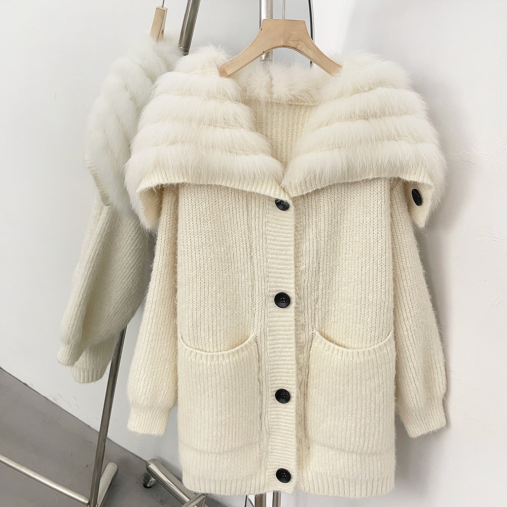 OFTBUY Sweater Femlae Button Pockets Warm Winter Luxury Outerwear New Women's Knit Cardigan with Large Real Fox Fur Collar