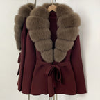 OFTBUY New Autumn Winter Luxury Fashion Outerwear Lady Women's Knit Coat with Large Real Fox Fur Collar Belt Textured Knit Warm