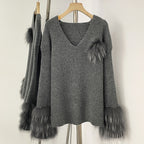OFTBUY New Women's Knit Sweater with Real Fox Fur Accents V-Neck Loose Fit Warm Winter Fashion Warm Pullover Outerwear Jacket
