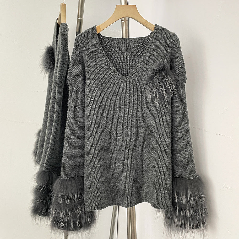 OFTBUY New Women's Knit Sweater with Real Fox Fur Accents V-Neck Loose Fit Warm Winter Fashion Warm Pullover Outerwear Jacket