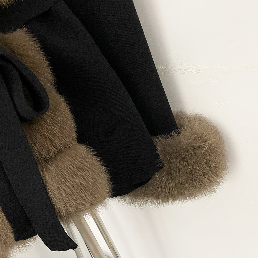OFTBUY Belt Textured Knit Warm Winter Luxury Outerwear Female Sweater Cardigan New Women's Knit Coat with Large Real Fox Fur