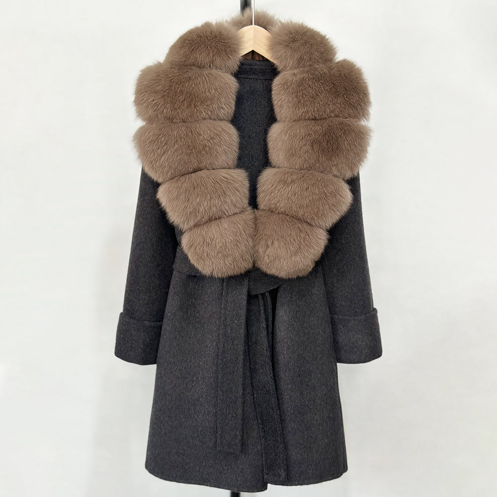 OFTBUY Natural Real Fox Fur Wool Blends Coat Women New Belt Pocket Winter Jacket Female Loose Woolen Outerwear Streetwear