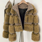 OFTBUY Luxury Wool Blend Tweed & Vegan Fur Panelled Jacket - Chic Cropped Zip-Up Coat with Funnel Neck