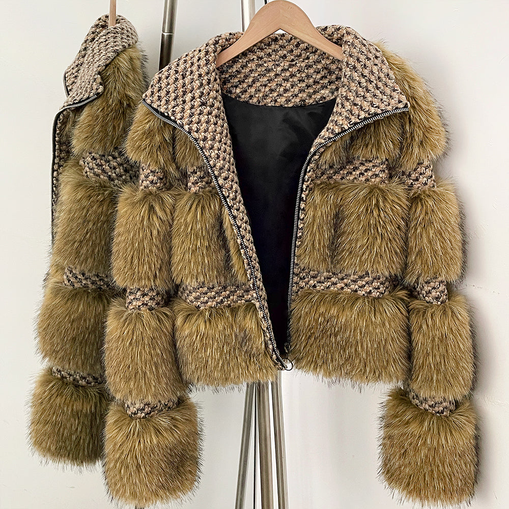 OFTBUY Luxury Wool Blend Tweed & Vegan Fur Panelled Jacket - Chic Cropped Zip-Up Coat with Funnel Neck