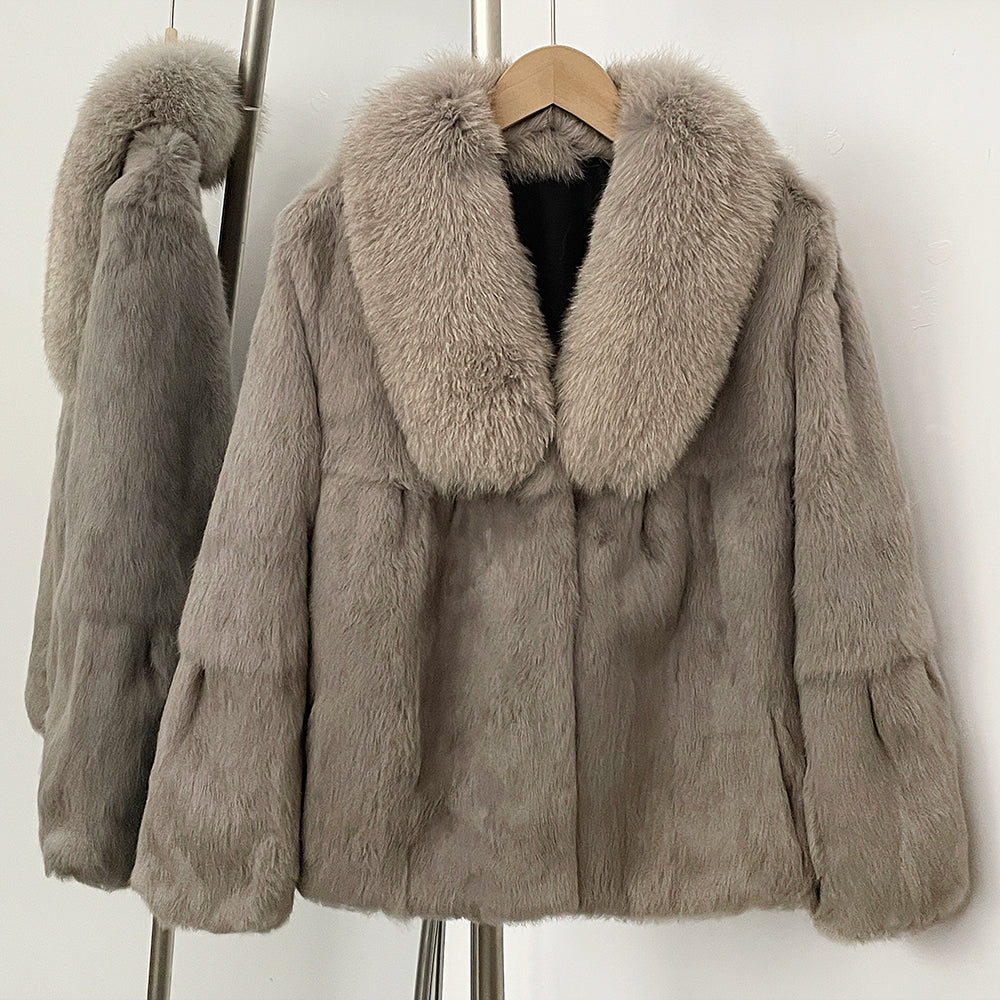 OFTBUY Natural Rabbit Fur Coat Female New Thickened Warm Top Clothing Women Fashion Fluffy Real Fox Fur Collar Jacket Lady