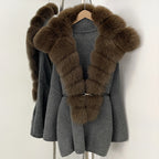 OFTBUY Fashion Belt Warm Sweater Female Natural Fur Loose Cadigan Coat Women Medium Length Knit Jacket with Real Fox Fur Collar