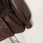 OFTBUY New Women's Faux Leather Jacket with Oversized Faux Fox Fur Elastic Waist Puff Sleeves Coat Luxury Warm Winter Outerwear