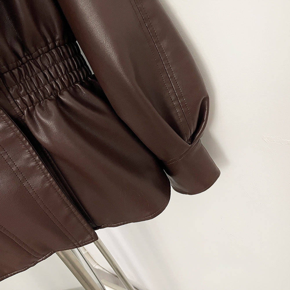 OFTBUY New Women's Faux Leather Jacket with Oversized Faux Fox Fur Elastic Waist Puff Sleeves Coat Luxury Warm Winter Outerwear