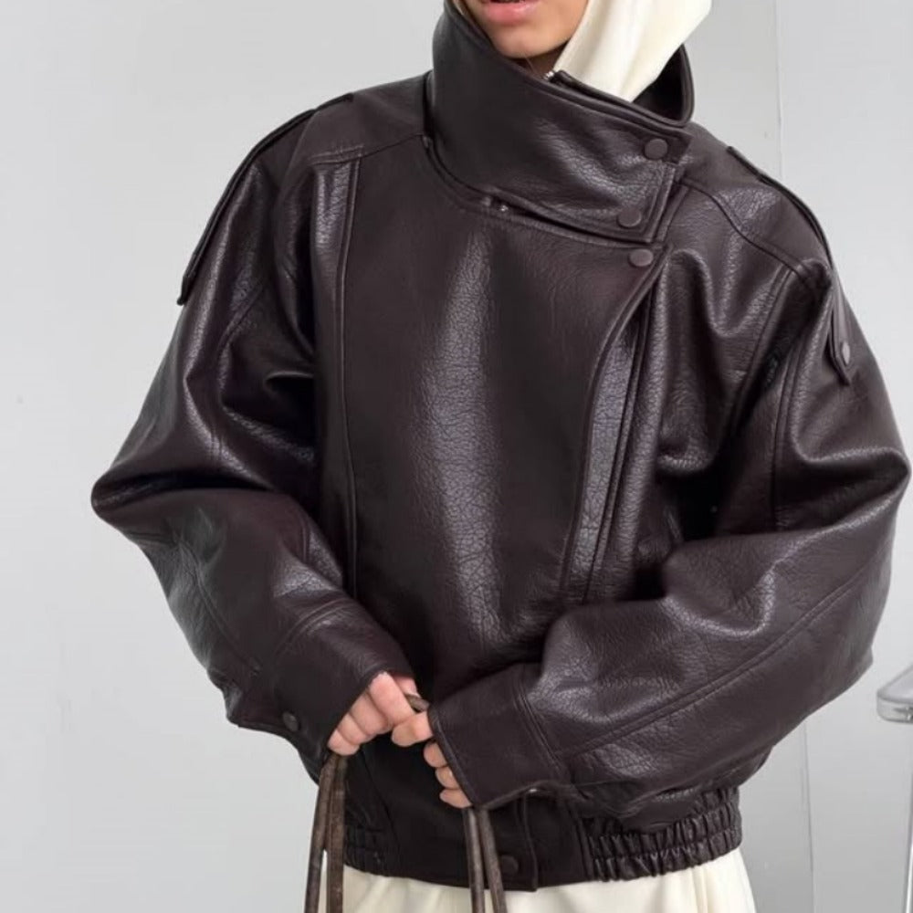 OFTBUY Womens Oversized Faux Leather Bomber Jacket