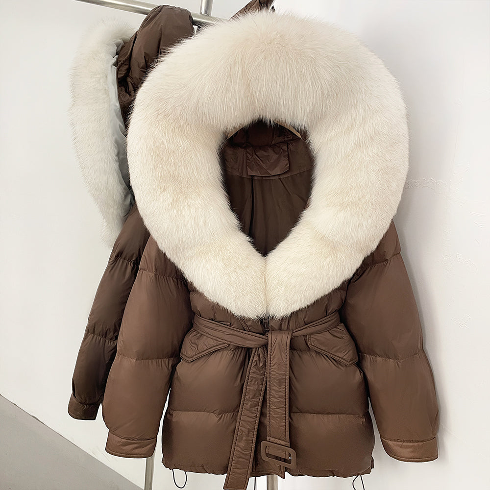 OFTBUY Thick Warm Mid-Long Puffer Coat Real Fox Fur Collar White Duck Down Coat Female Loose Warm Hooded Parkas With Belt