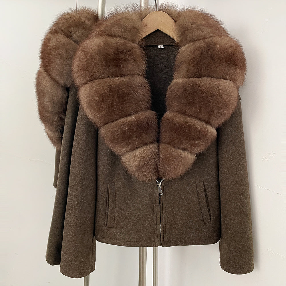 OFTBUY Women's Luxury Real Fox Fur Collar Knit Coat Warm New Autumn Winter Jacket Female Elegant Cardigan Sweater Outerwear