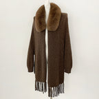 OFTBUY New Women's 100% Wool Knit Cape Coat with Real Fox Fur Collar Tassel Trim Warm Winter Elegant Outerwear Sweater Female