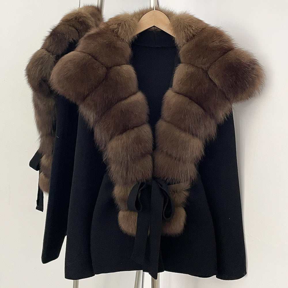 OFTBUY New Women's Knit Cardigan with Oversized Real Fox Fur Collar Belt Luxury Warm Winter Outerwear Sweater Jacket Female
