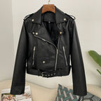 OFTBUY Women's Black Faux Leather Moto Biker Jacket Asymmetric Zip PU Coat with Belt New Autumn Winter Vintage Punk Outerwear