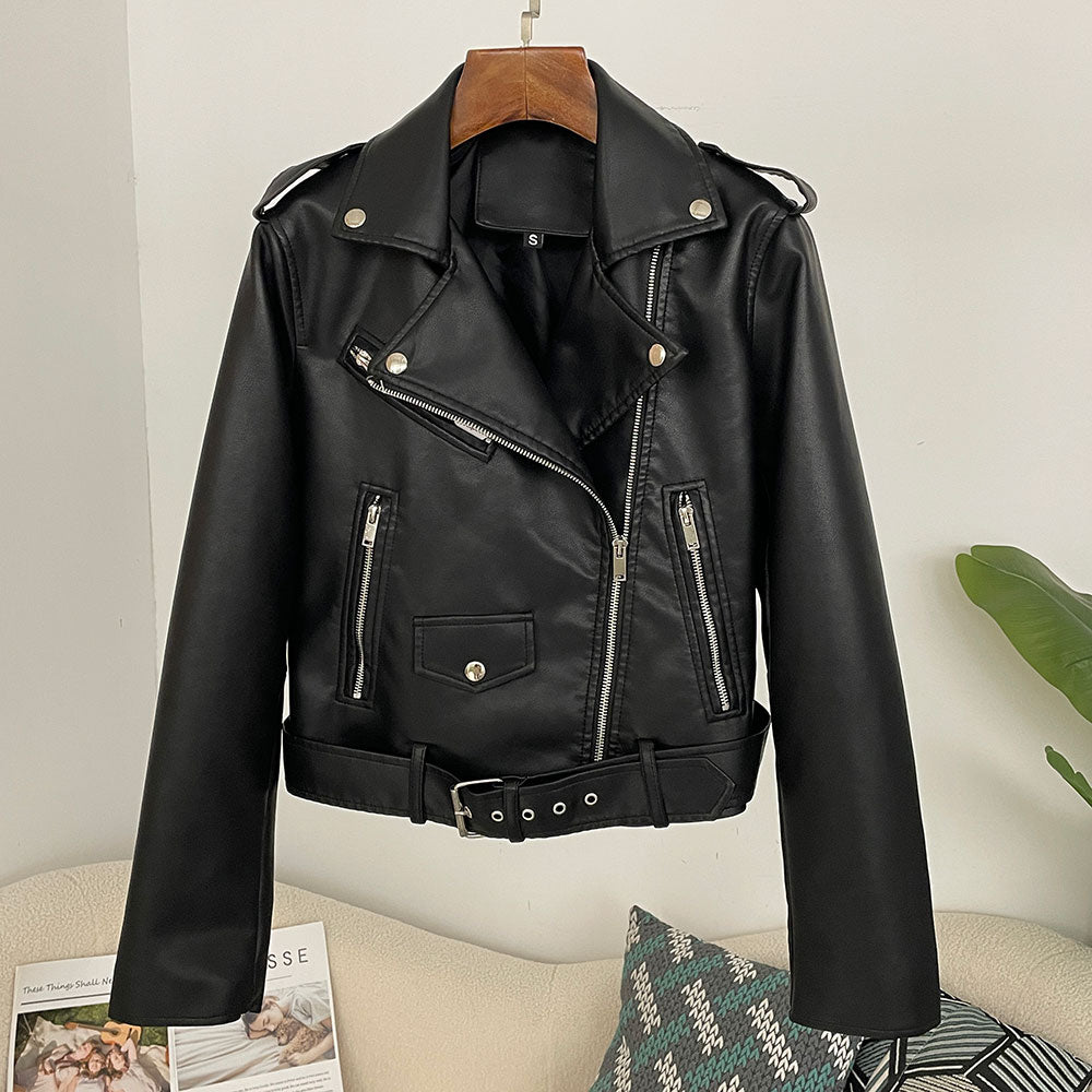 OFTBUY Women's Black Faux Leather Moto Biker Jacket Asymmetric Zip PU Coat with Belt New Autumn Winter Vintage Punk Outerwear