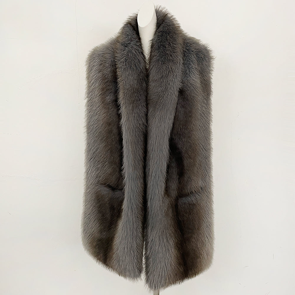 OFTBUY Luxury Long-Line Faux Fur Gilet - Premium Vegan Fox Fur Sleeveless Overcoat with Oversized Shawl Collar