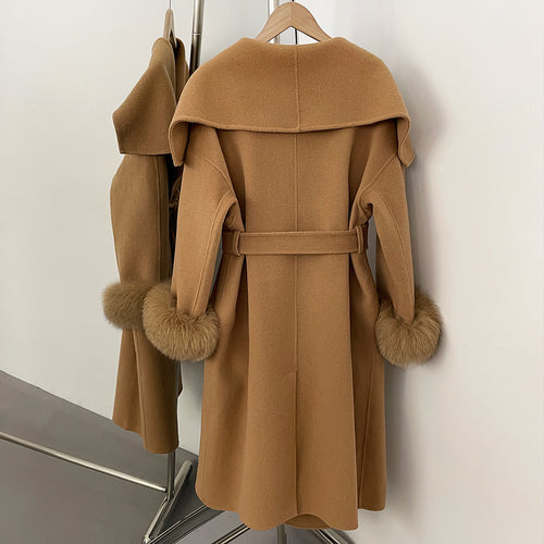 OFTBUY  Luxury Warm Woolen Jacket Women Long Big Collar 100% Wool Coat with Real Fox Fur Cuffs New Autumn Winter Clothes Femlae