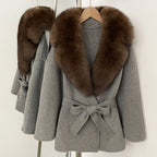 OFTBUY Belted Warm Winter Elegant Fashion Outerwear Lady New Women's Double-Faced Wool Coat with Large Real Fox Fur Collar Cuffs