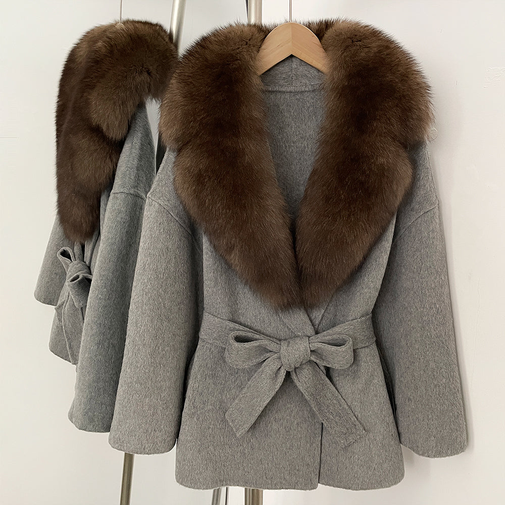 OFTBUY Belted Warm Winter Elegant Fashion Outerwear Lady New Women's Double-Faced Wool Coat with Large Real Fox Fur Collar Cuffs