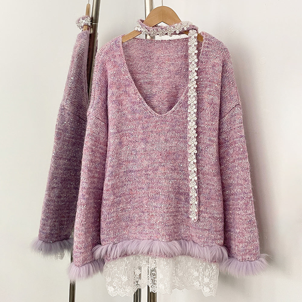 OFTBUY New Spring Autumn Top Knitted Clothes Women Loose Ribbon Knitwear Coat Real Fox Fur Lace Pullovers Sweater Jacket Female