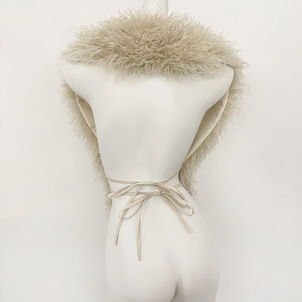 OFTBUY Women's Faux Mongolian Fur Vest Open Front Fluffy Faux Fur Waistcoat with Back Tie New Autumn Winter Outerwear Female