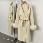 OFTBUY New Autumn Winter Belt Top Clothes Women Long Elegant Double-sided Woolen Coat Femlae Real Fox Fur Cuffs 100% Wool Coat