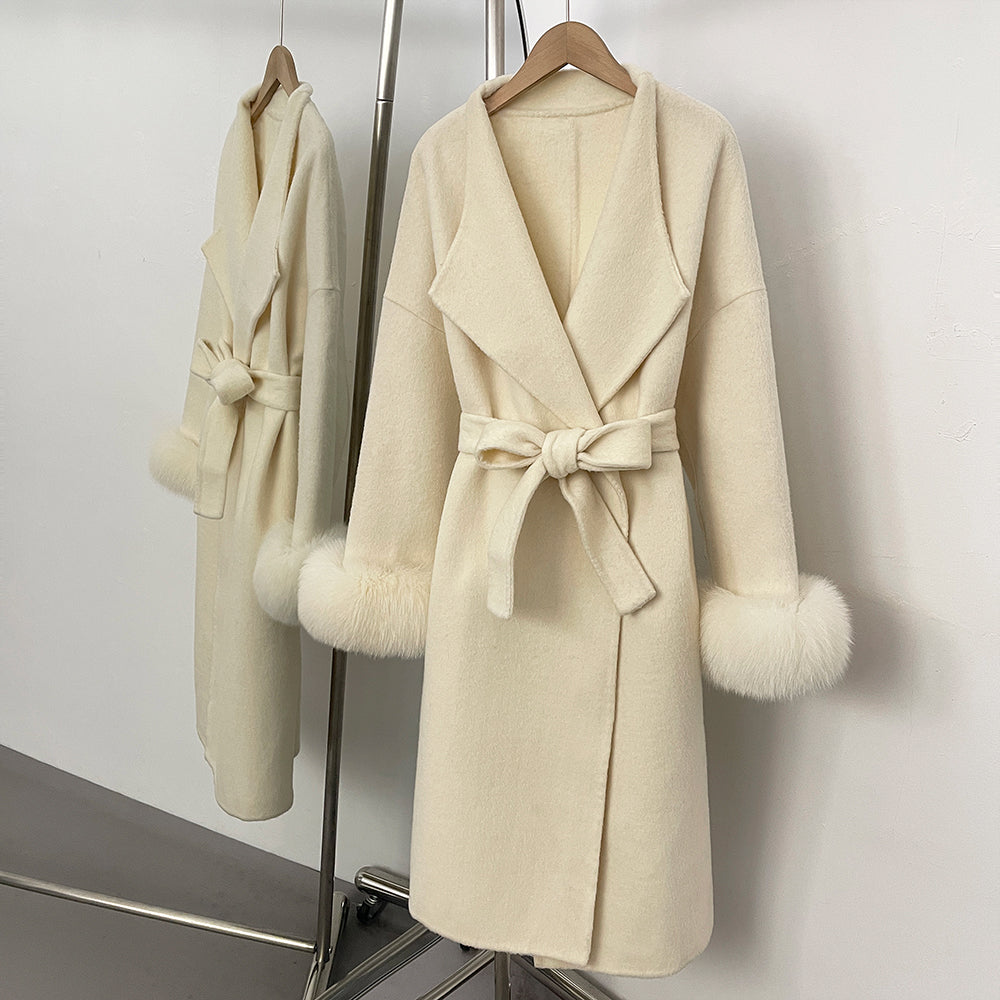 OFTBUY New Autumn Winter Belt Top Clothes Women Long Elegant Double-sided Woolen Coat Femlae Real Fox Fur Cuffs 100% Wool Coat