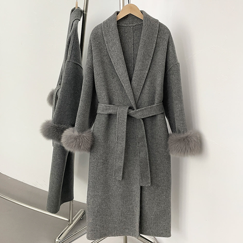 OFTBUY High End Double-sided Wool Strapping Real Wool Fur Coat Women's Removable Cuffs Fox Fur Temperament Cashmere Short Jacket