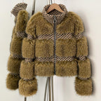 Front view of a luxury wool blend tweed jacket with horizontal camel vegan fur panels