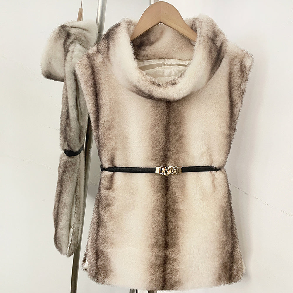 OFTBUY Luxury Belted Faux Fur Vest - Elegant Funnel Neck Vegan Fur Gilet with Vertical Stripes