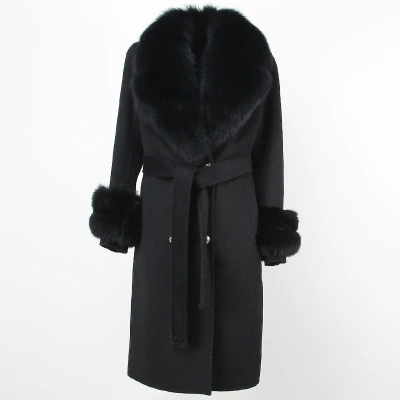 OFTBUY Winter Jacket Women Long Natural Wool Blends Cashmere Real Fur Coat Double Breasted Belt Warm Streetwear New Fashion