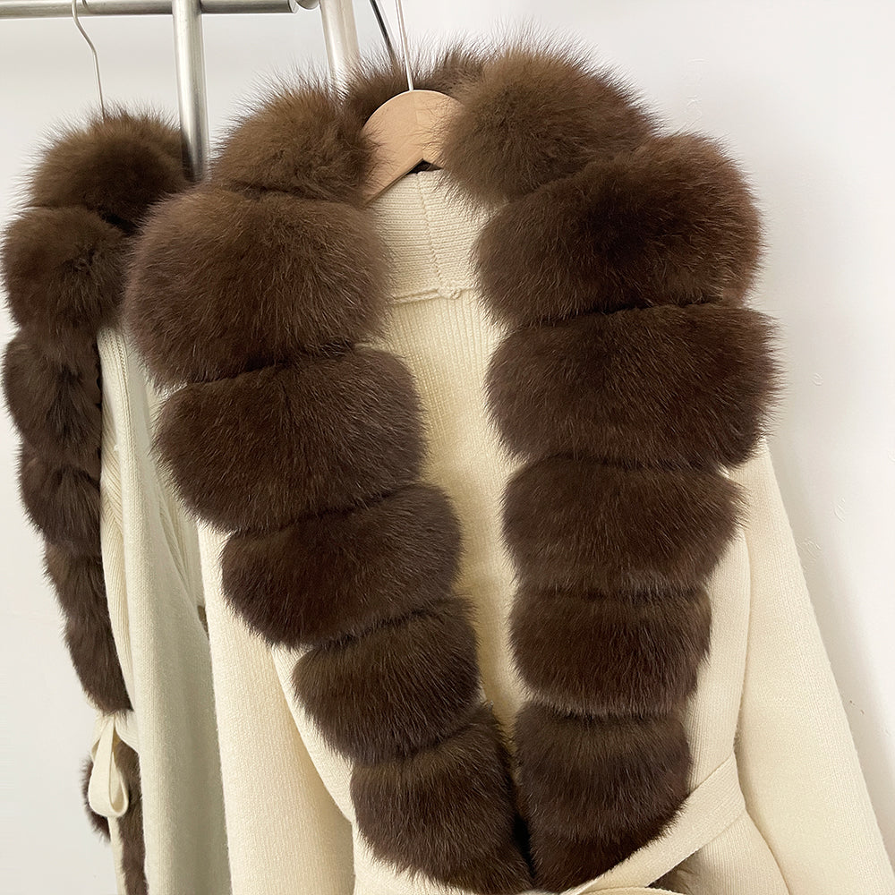 OFTBUY Cardigan Sweater New Women's Knit Long Coat with Full Real Fox Fur Belted Pockets Warm Winter Elegant Fashion Outerwear