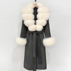 OFTBUY Fashion Warm Woolen Jacket with Real Fox Fur Collar and Cuffs New Autumn Winter Wool Clothing Women Long Belt Outerwear