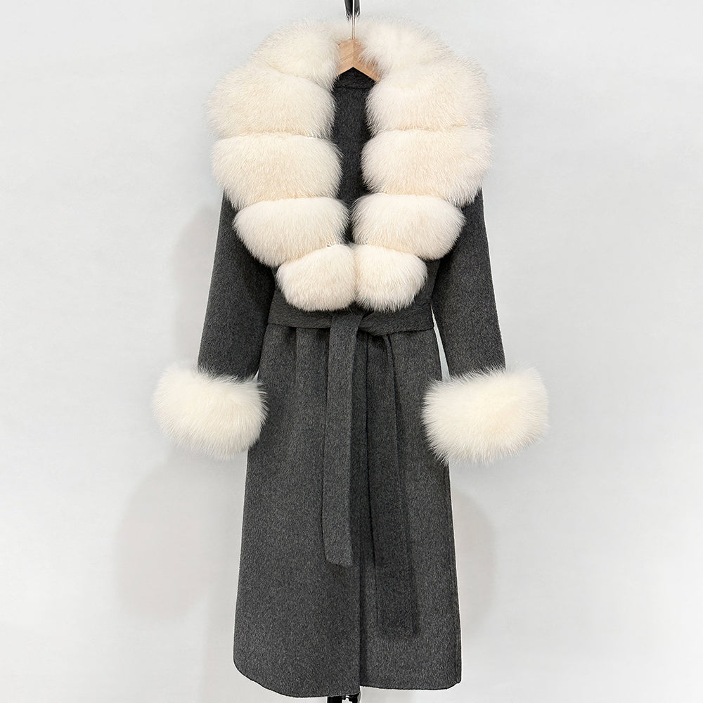 OFTBUY Fashion Warm Woolen Jacket with Real Fox Fur Collar and Cuffs New Autumn Winter Wool Clothing Women Long Belt Outerwear