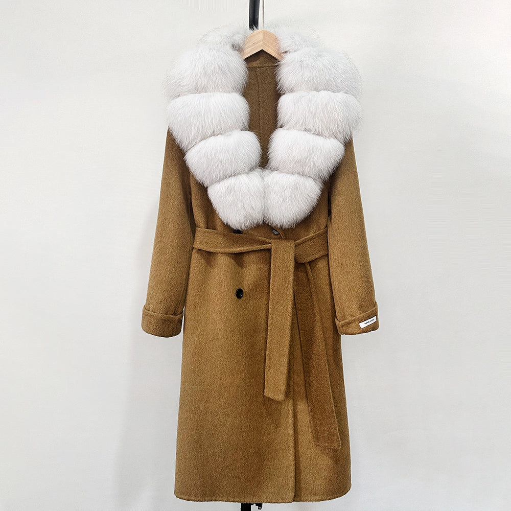 OFTBUY Winter Jacket Women Woolen Blends Coat Natural Real Fox Fur Collar Belt Loose Outerwear Casual Outerwear Streetwear