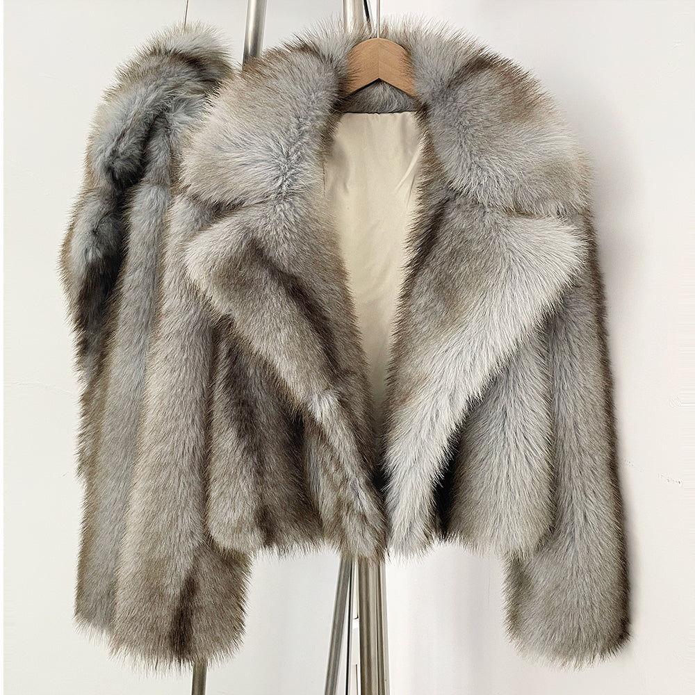 OFTBUY Luxury Oversized Lapel Faux Fur Jacket - Premium Vegan Fur Short Coat for Winter Glamour