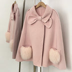 OFTBUY  New Women's Wool Cape Coat with Large Bow Detail Real Fox Fur Pockets Button Closure Winter Elegant Fashion Outerwear